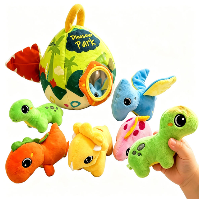 Montessori Sensory Dinosaur Egg Baby Plush Toy with Embroidered Figural Soft Volcano House for 1-3 Years Old