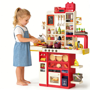 103cm Large Kids Kitchen Play Set, Pretend Cooking Toys with Realistic Lights & Sounds, Early Educational Role Play Toy for Toddlers Ages 3+ (Red/Yellow)