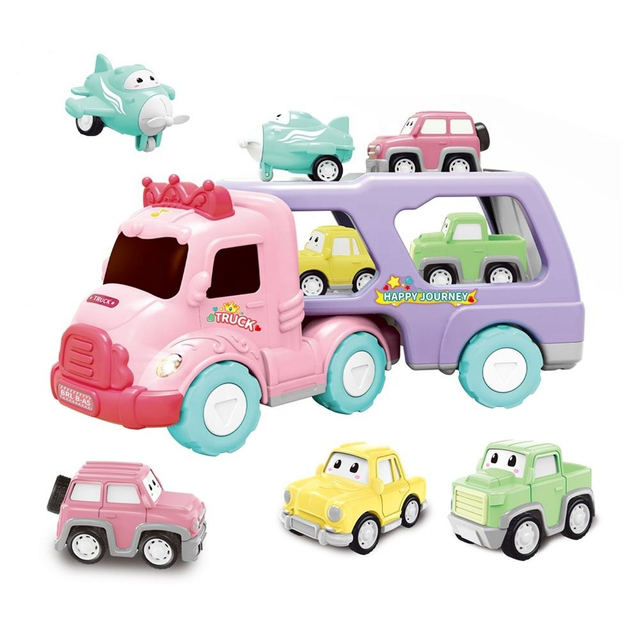 Kids Double Decker Inertial Carrier Truck Friction Transport Vehicle Set,Push Go Toy Cars With Mini Car Plane for Toddlers