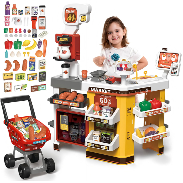 Kids Role Playing Toy Kit Simulate Supermarket Shopping Cart with Cash Register Scanner Candy Store Toy Play for Kids 