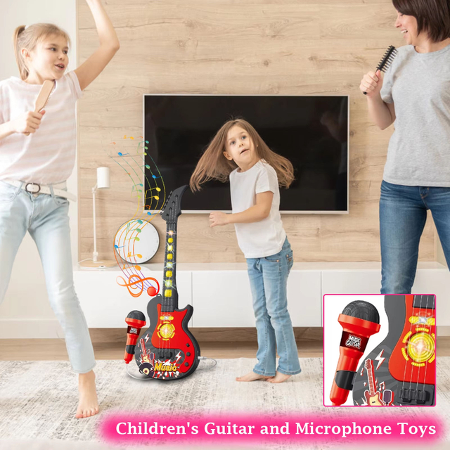 Children's Karaoke Machine Singing Toy, Kids Musical Instrument Plastic Set with Microphone Guitar and Built-in Speaker, Portable Sing-Along Music Player for Preschool Boys Girls Birthday Party Gift