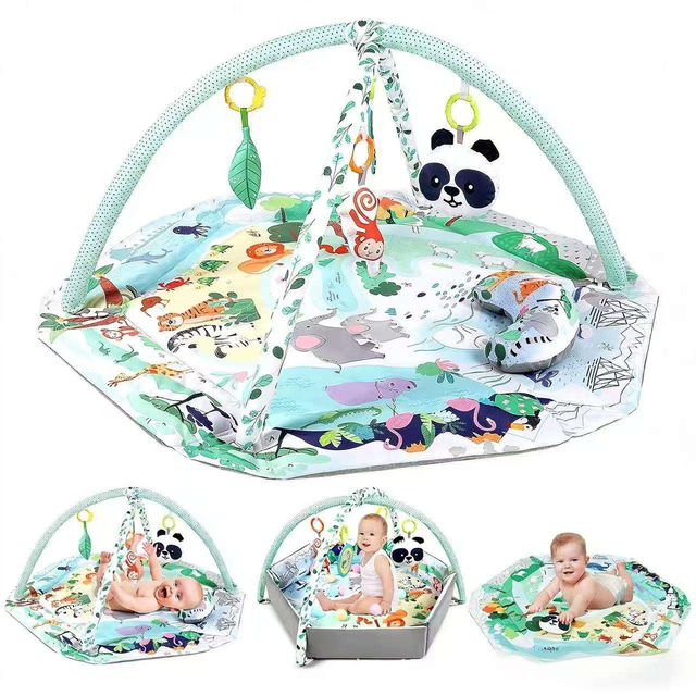 4 in 1 Baby Play Gym, Activity Gym Ball Pit with Tummy Time Mat & Sensory Toys, Foldable Infant Playing Mat for Newborn to Toddler, Machine Washable