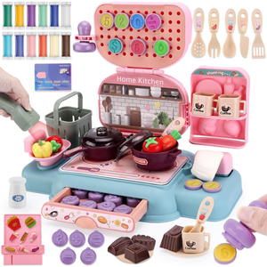 Kids Kitchen Toys Set for Toddlers Ages 2-10, ABS Plastic Pretend Play Kitchen with Play Dough Food, Toy Cash Register, Stamps & Cooking Utensils, Educational Role Play Gift Set for Boys Girls