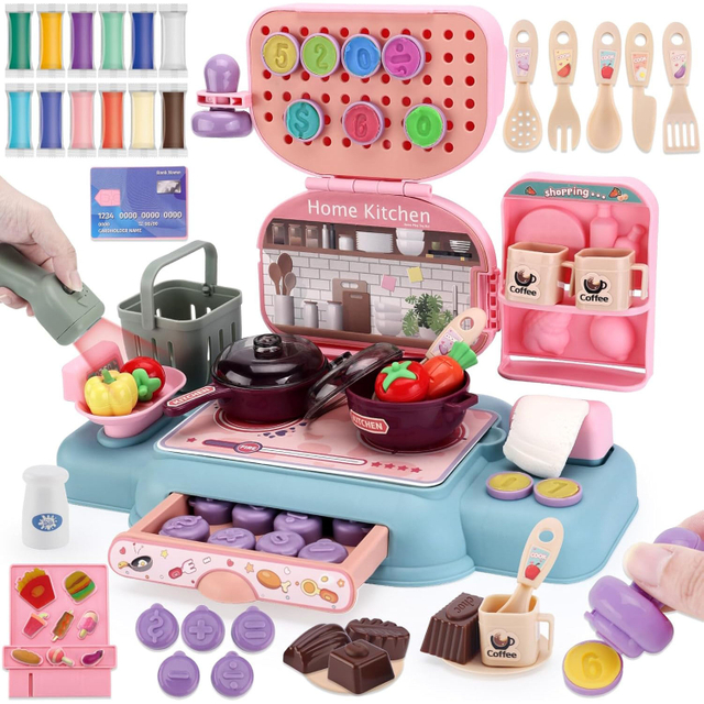 Kids Kitchen Toys Set for Toddlers Ages 2-10, ABS Plastic Pretend Play Kitchen with Play Dough Food, Toy Cash Register, Stamps & Cooking Utensils, Educational Role Play Gift Set for Boys Girls