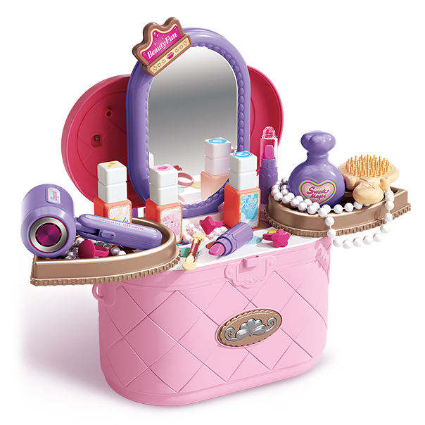 Kids Girls Dress up Toy Simulation Mini Makeup Table with Beauty Mirror, Portable Dressing Bag Pretend Play Toys
