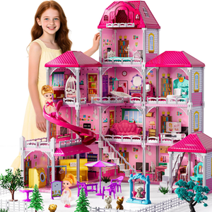Beauenty Doll House Building Toys with Lights to Assemble Kitchen, Bedroom, Furniture, Garden, Dolls, Pink Play Dream Dollhouse for Girls, Girls Toddler DIY Ideas Gifts