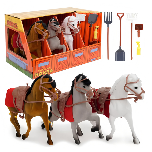 3 Flocked Horses Farm Playset with Barn Stable and Storage Box, Horse Toys for Girls Boys, Farm Tools Accessories Figures, Pretend Play Set for Toddlers Kids Ages 3 4 5 6 7 Years Old