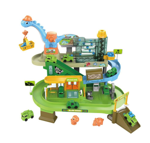 Dinosaur Engineering Adventure Track Set with Electric Climbing Ladder Rotating Crane, 4 Mini Cars & 2 Dinosaur Comes With Music
