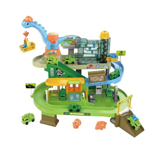 Dinosaur Engineering Adventure Track Set with Electric Climbing Ladder Rotating Crane, 4 Mini Cars & 2 Dinosaur Comes With Music