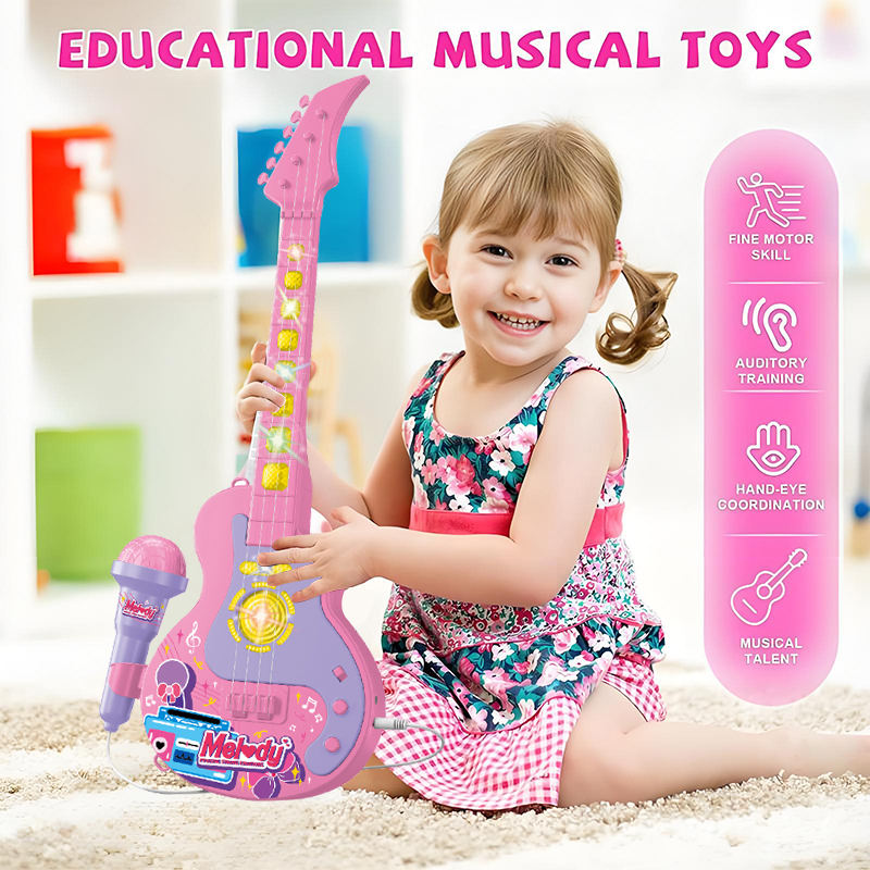 ToysBase Kids Electric Guitar Toy, Educational Musical Instruments Kit with Karaoke Singing Microphone, Simulated Electric Guitar Music Player Set for Toddlers Boys Girls Ages 3-8 Birthday Gift