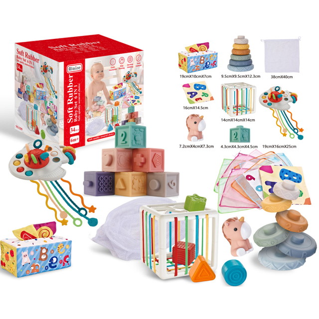 6 in 1 Montessori Educational Shape Sorter Cube Tissue Box Pull String Infant Activity Soft Building Blocks Baby Sensory Toys